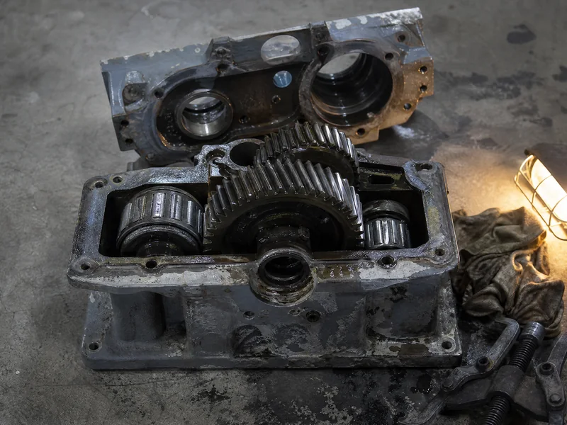 An industrial gearbox opened to show its helical gears
